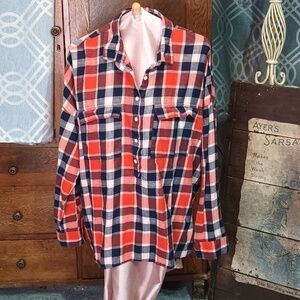 (i1-45) orange navy 1/2 button closure plaid flannel swing long sleeve tunic XXL